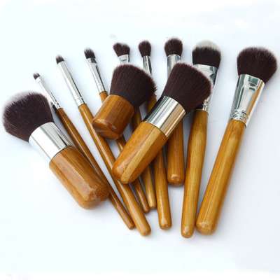 11 pieces Bamboo Wood handle professional Skin-friendly Cosmetic makeup brush set with canvas bag packed